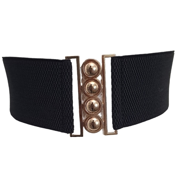 Ladies Black Extra wide waist Stretch corset elastic Belt Gold dots buckle belt - Picture 7 of 10